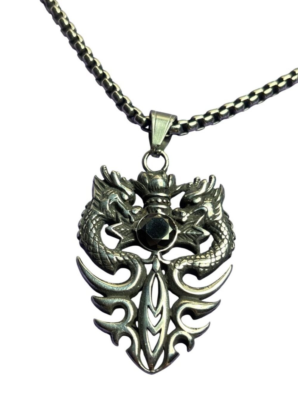 Gomaya Silvertone Necklace 2 Dragons Pendant Black Rhinestone 23 inches Long